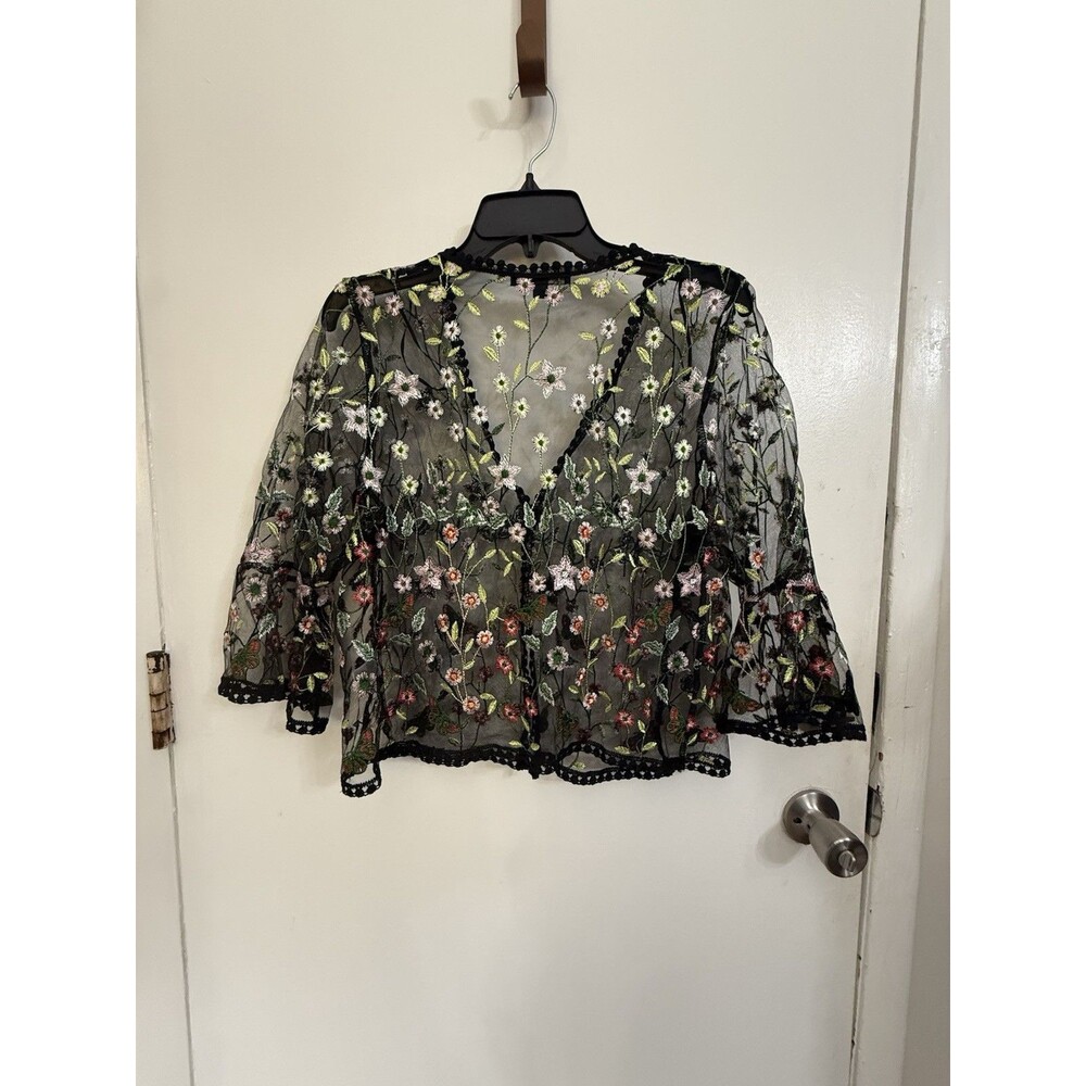 chris mclaughlin Floral Embroidered Sheer Black Kimono Top Large 3/4 Bell Sleeve - Picture 5 of 12